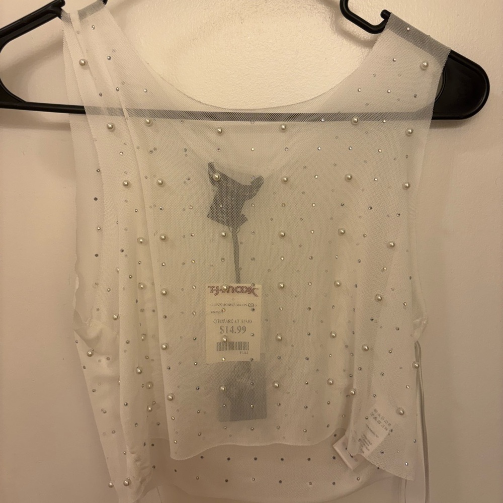 Sincerely Jules White Sheer Pearl-Embellished Blouse